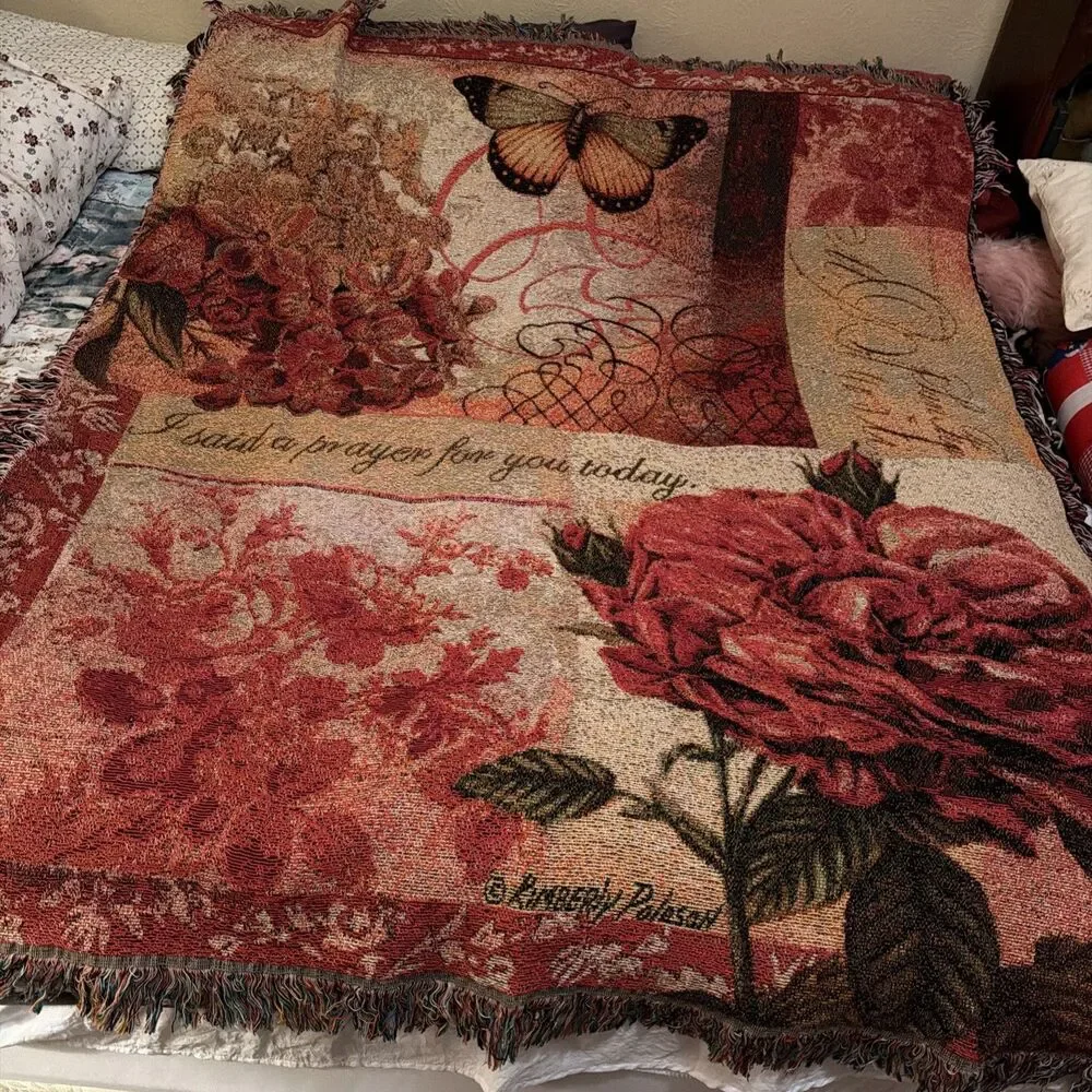 WOVEN TAPESTRY/ THROW KIMBERLEY POLOSON ARTIST BUTTERFLY & ROSE 50” X 60”.  EUC!